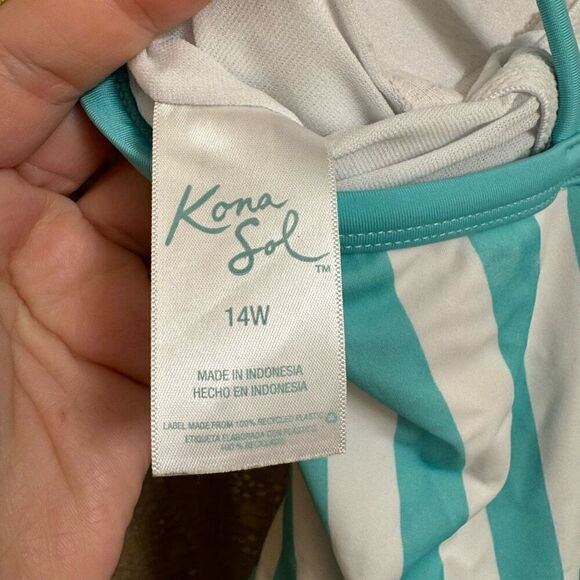 Kona Sol Aqua Teal Striped High Leg One Piece Swim Suit Size 14W - Picture 6 of 8